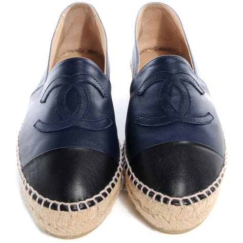 chanel espadrilles navy blue leather|Chanel espadrilles beige and black.